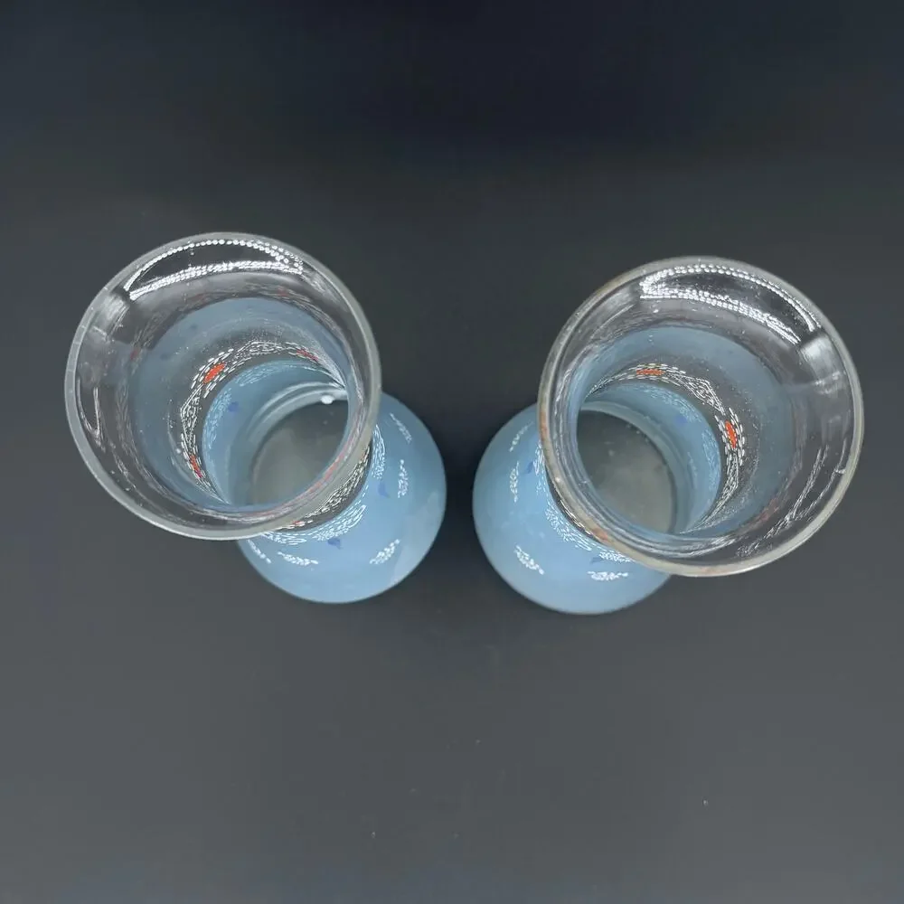 Elegant Vintage Light Blue Frosted Painted Glass Vases Set White Red Floral